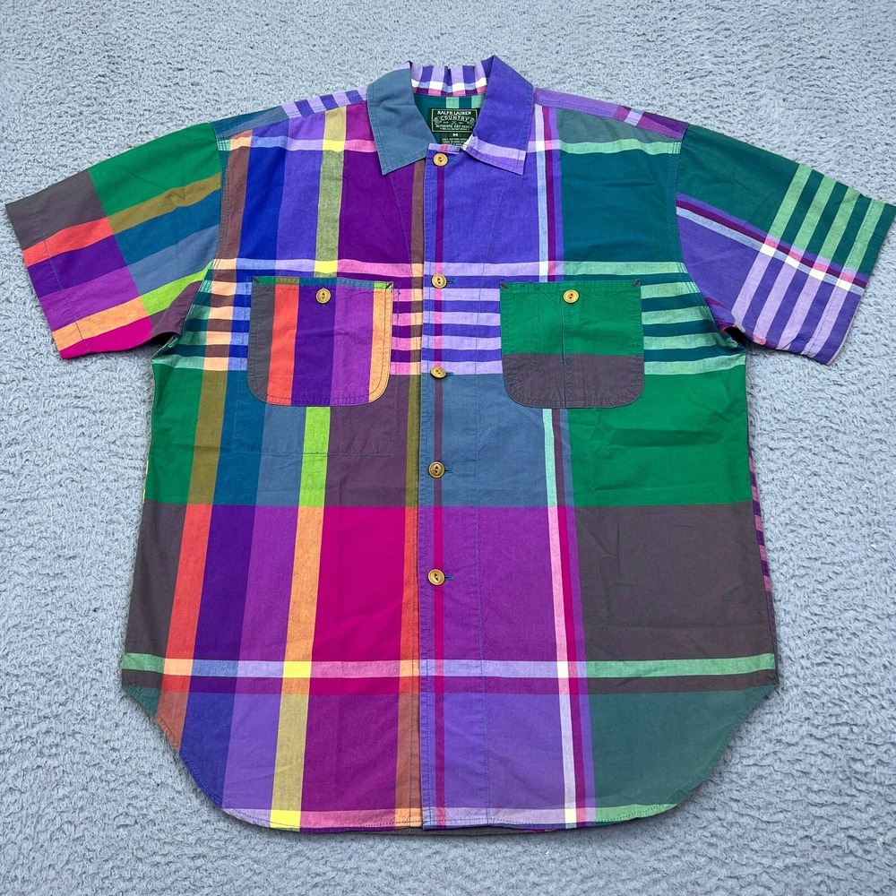Ralph Lauren Country Shirt Colorful Western Rainbow Plaid Button Up‎ Retro 90s M